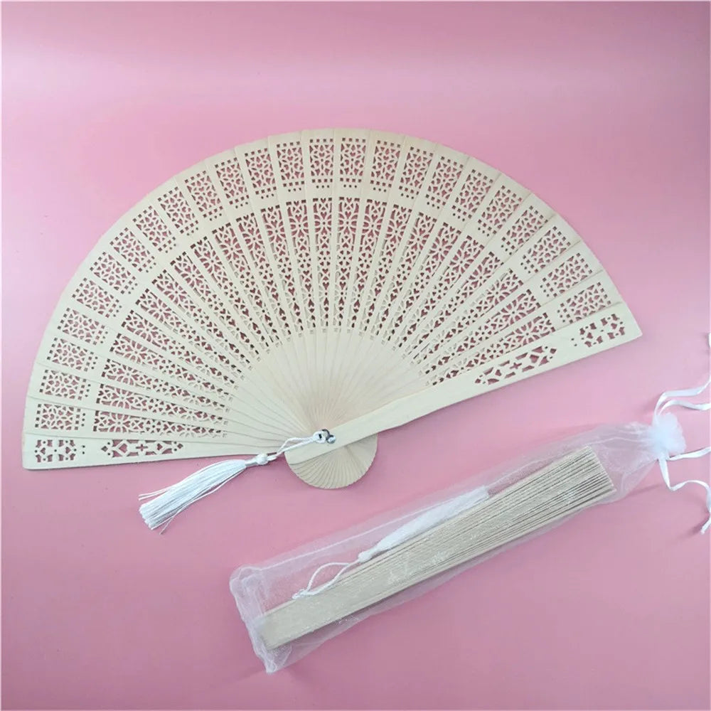 Folding Hand Fans Engraved Elegant Wood With Bags Tassels