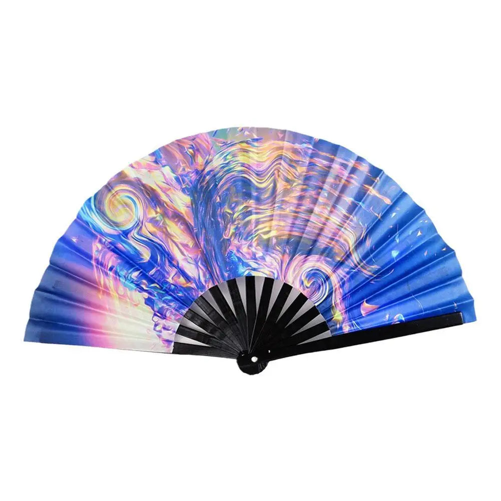 33cm Large Folding Hand Rave Fan Chinease/Japanese Gradient Colorful Reflective Foldable Fan Music Festival Fan Dance Fan Gifts