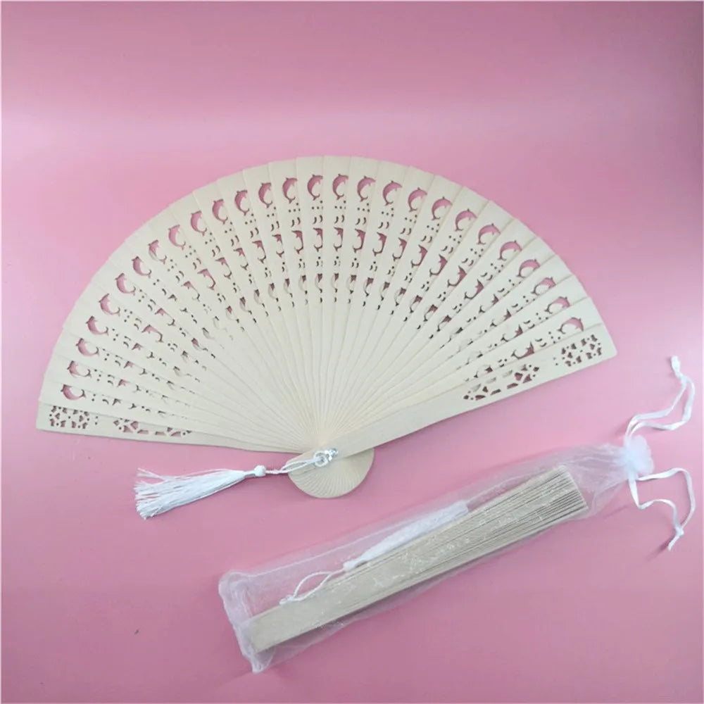 Folding Hand Fans Engraved Elegant Wood  With Bags Tassels