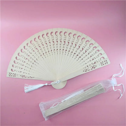 Folding Hand Fans Engraved Elegant Wood  With Bags Tassels