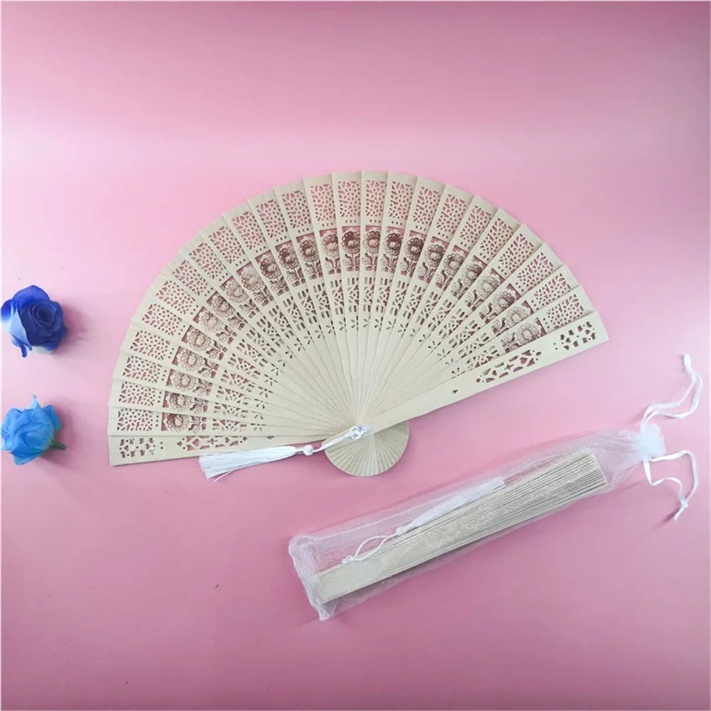 Folding Hand Fans Engraved Elegant Wood  With Bags Tassels